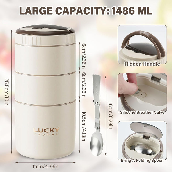 304 Edelstahl Lunchbox, 3-lagiger Food Container mit faltbarem Besteck, Auslaufsicher, Mikrowellen-