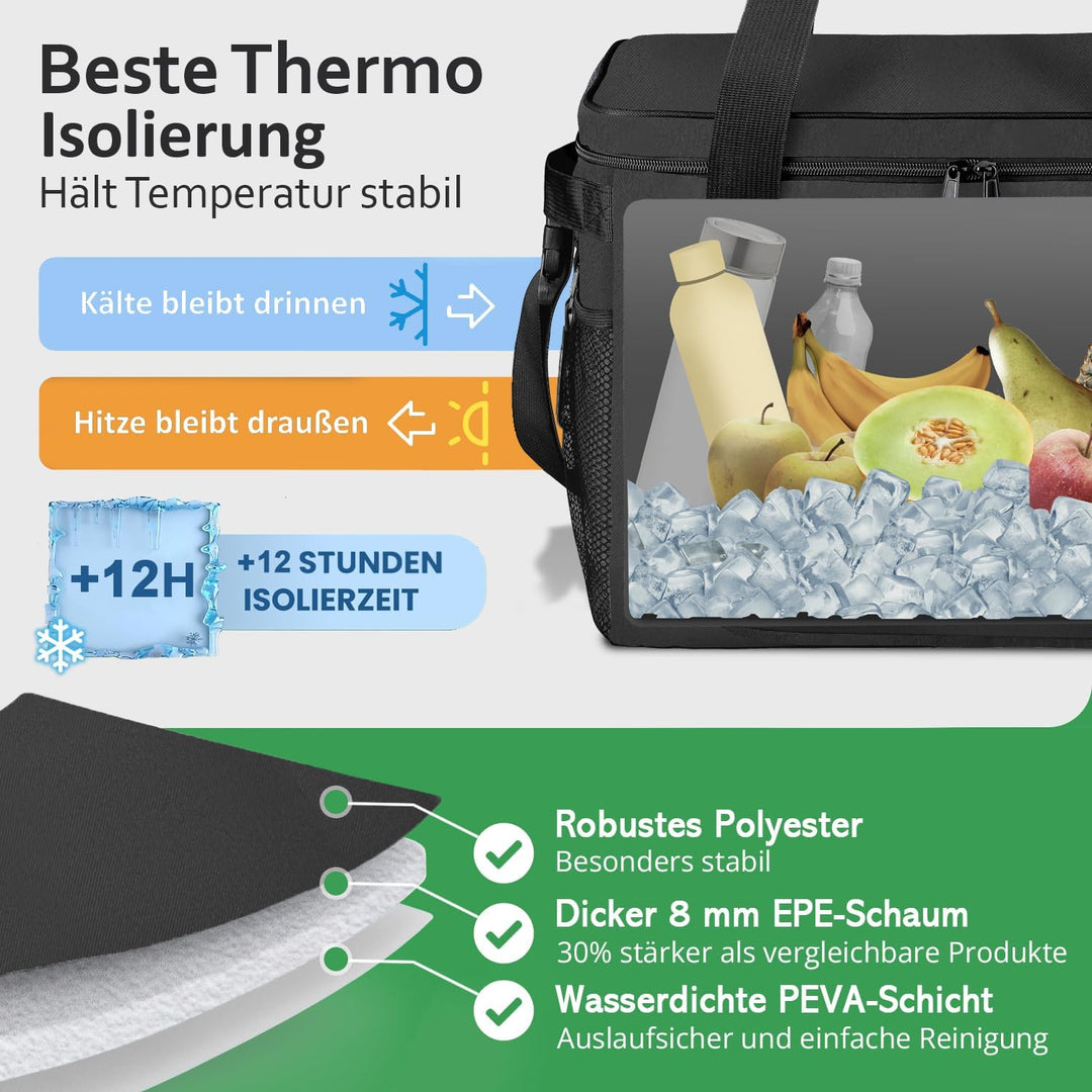Faltbare Kühltasche gross 30L wasserdicht +12h Frische extra stark isolierte Kühltasche faltbar – Kü