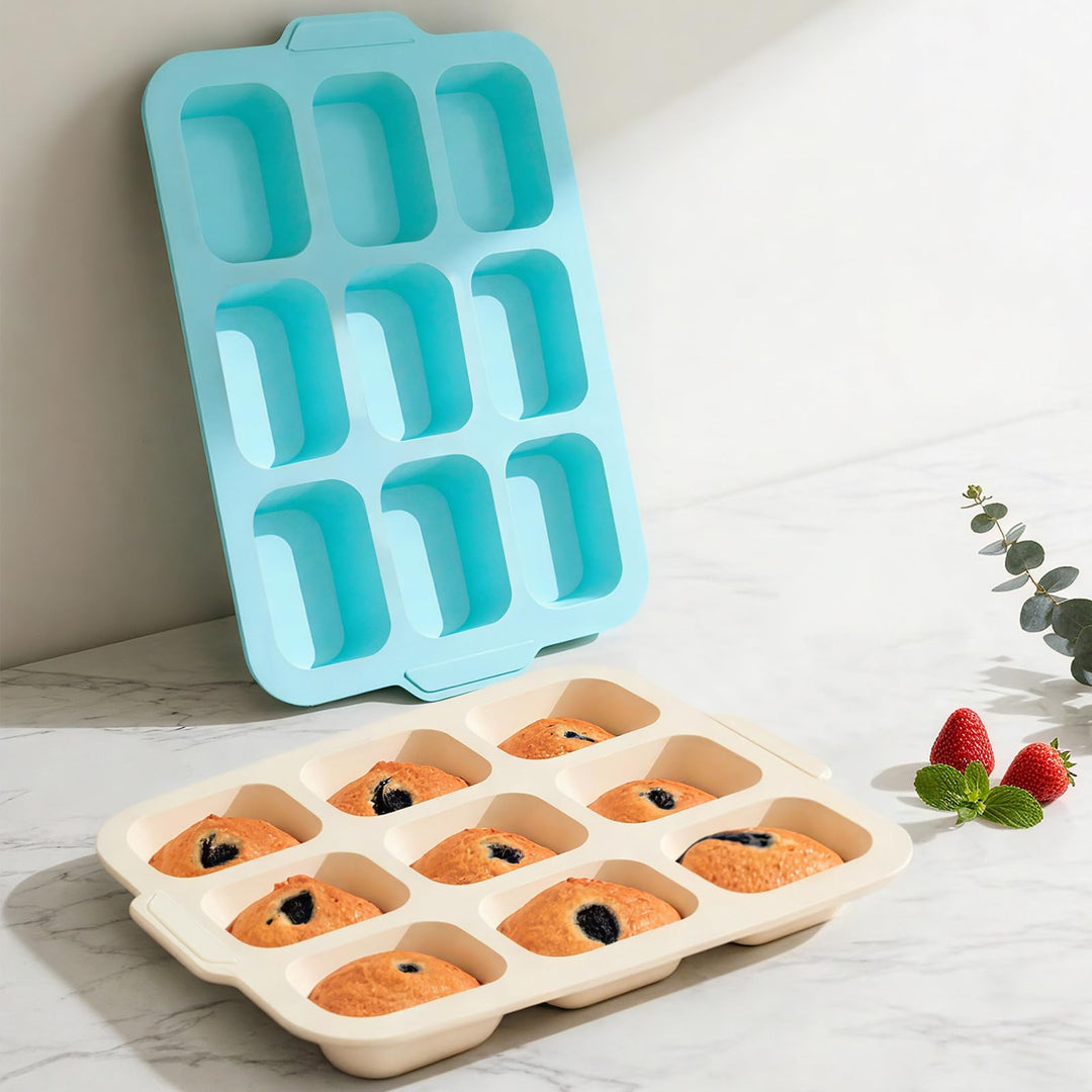 2-Stück Silikon Mini Kastenform: Klein Kuchenform mit Metallrahmen für 9 Kuchen - Antihaft Kleine Br