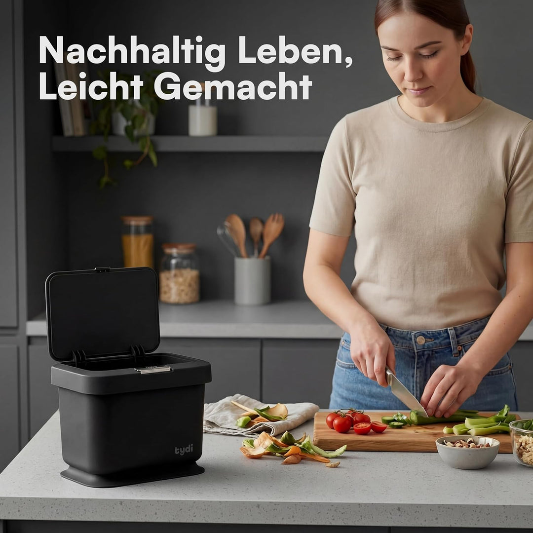 Tydi 4,5L Küchen-Biomüllbehälter mit Druckknopfdeckel - Komposteimer für die Küche - Rutschfester Bo