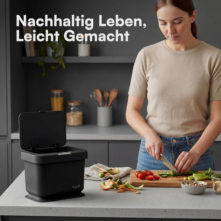 Tydi 4,5L Küchen-Biomüllbehälter mit Druckknopfdeckel - Komposteimer für die Küche - Rutschfester Bo