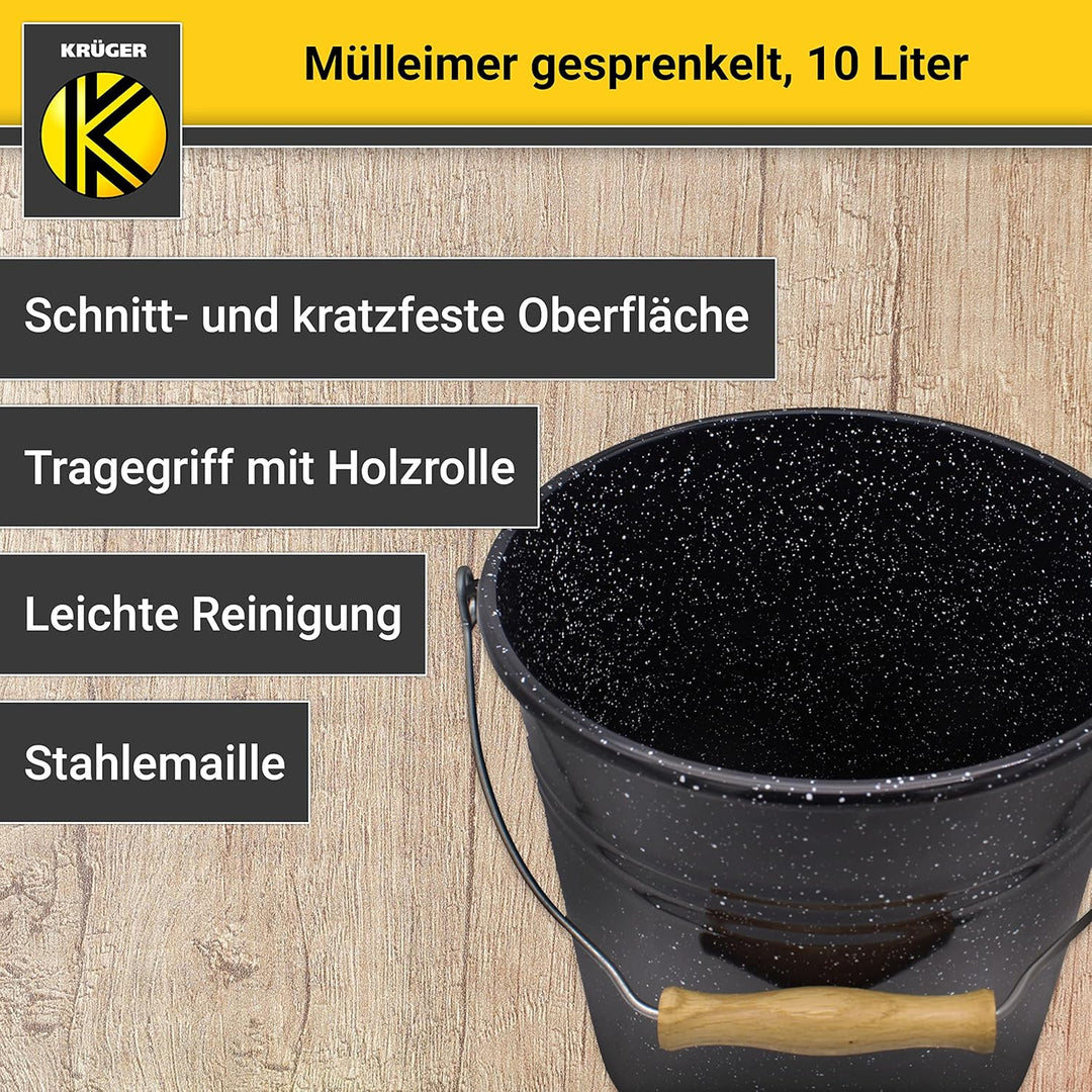 KRÜGER Mülleimer mit Deckel - Stahl Abfalleimer mit Emaille-Beschichtung und Holzgriff - schnitt- un