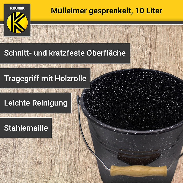 KRÜGER Mülleimer mit Deckel - Stahl Abfalleimer mit Emaille-Beschichtung und Holzgriff - schnitt- un