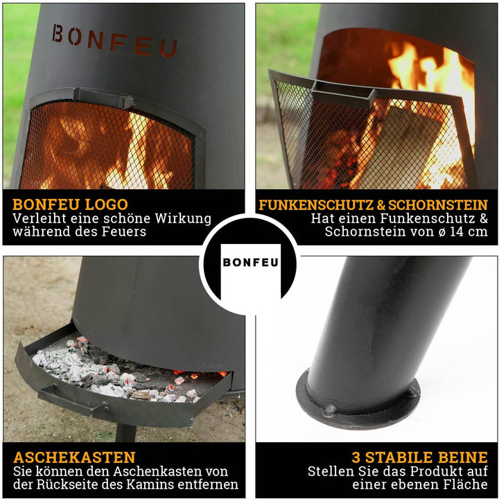 BonFeu BonPyra Schwarz - Terrassenofen - Feuerstelle mit Funkenschutz für entspannte Abende - Feuers