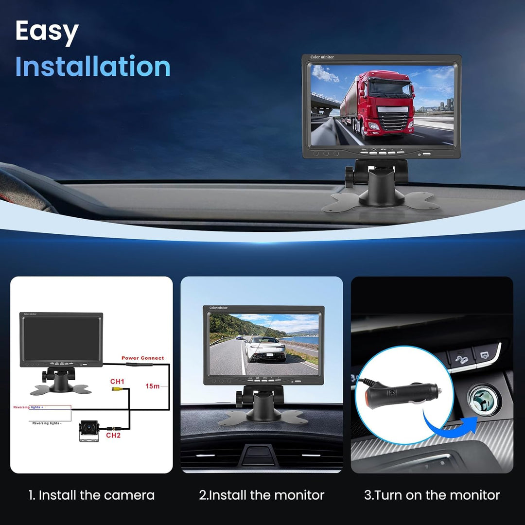 Rückfahrkamera mit 7 Zoll HD Monitor, Rückfahrkamera Auto unterstützt IP69 Wasserdicht IR Nachtsicht