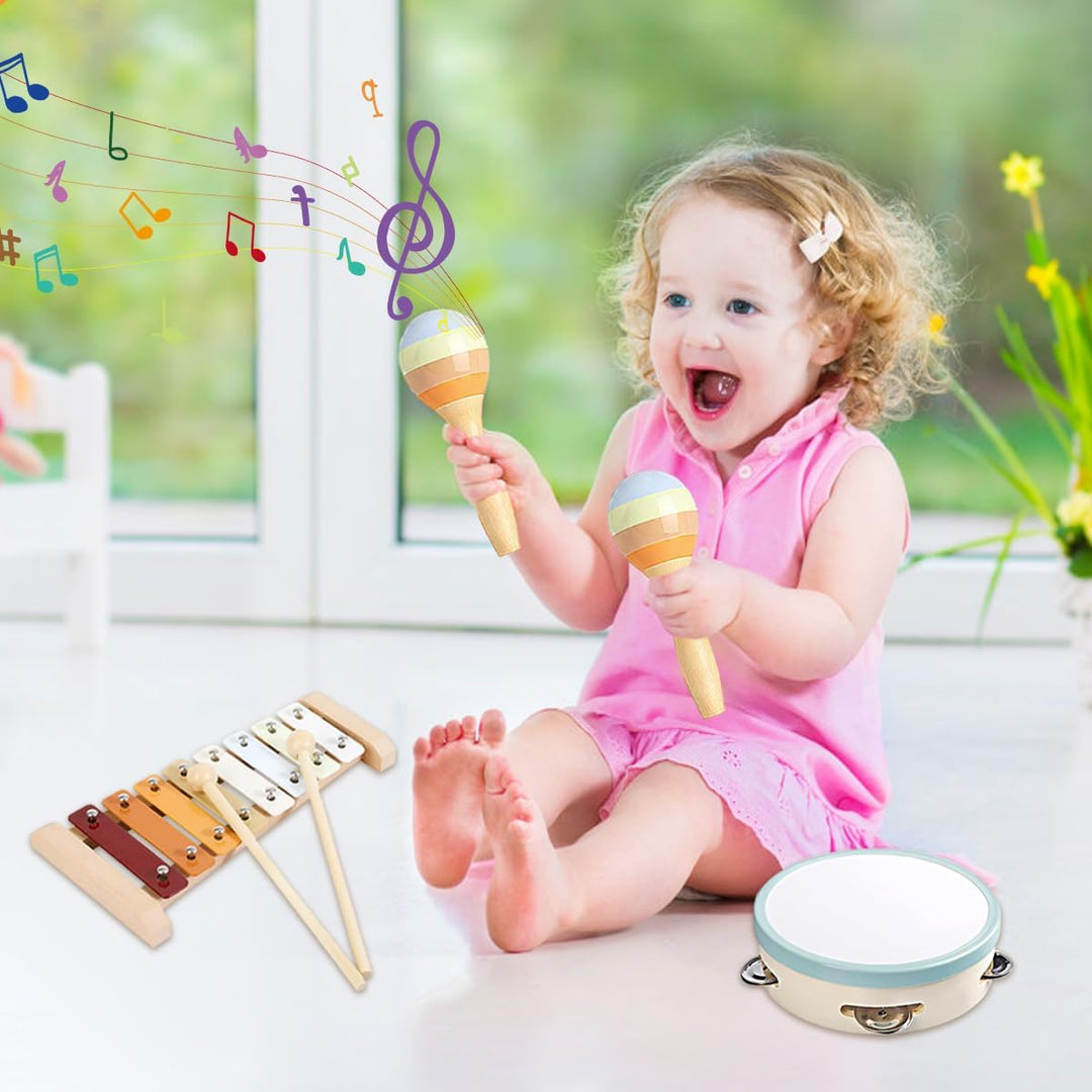 8-in-1 Montessori Musikinstrumente Kinder ab 1 Jahr, Holzspielzeug mit Xylophon, Trommel, Triangel,
