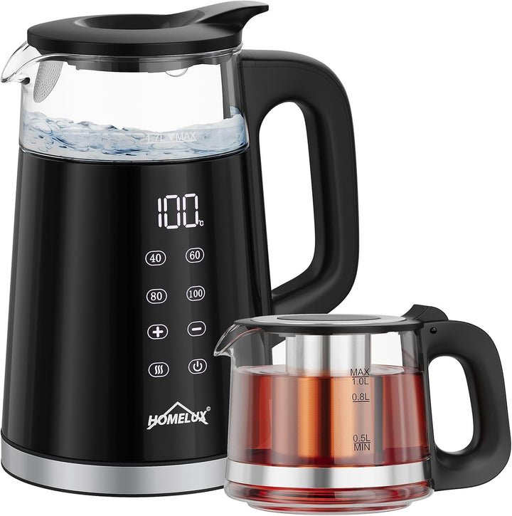 Glas Wasserkocher 1.7L + 1L, 2200W Teekocher Teekannen mit Warmhaltefunktion und Teetrichter, Wasser