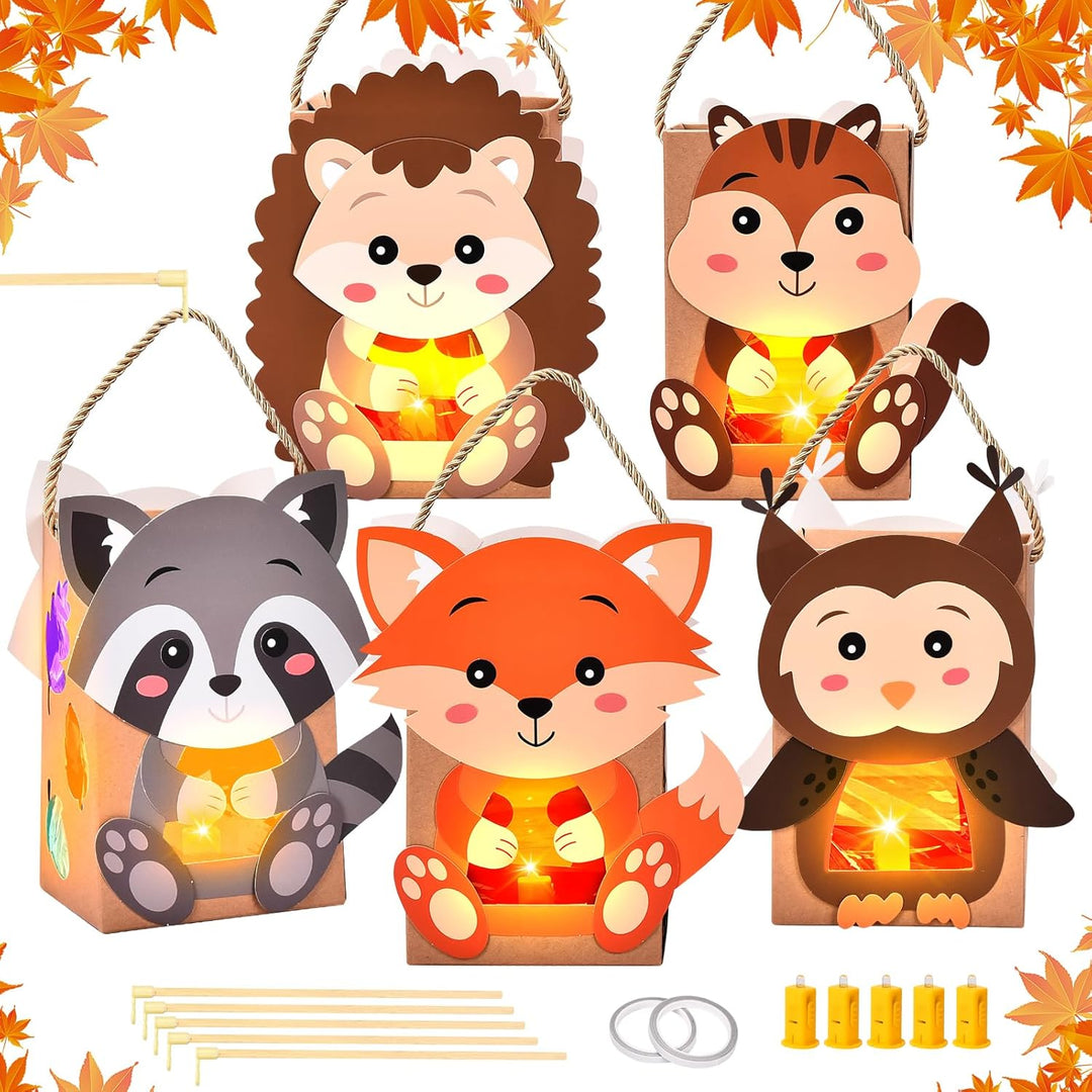 Herefun 5 Herbst Windlichter zum Basteln für Kinder, Herbst Tier Bastelsets mit Fuchs Eule Waschbär