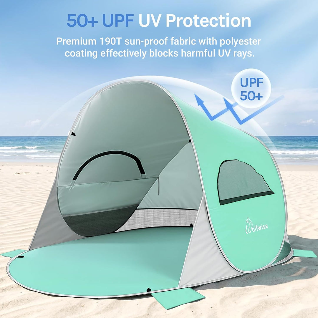 Wolfwise Pop Up Strandmuschel für 4 Personen, Sofort Aufbau, UV-Schutz 50+, Wasserabweisend, Belüfte