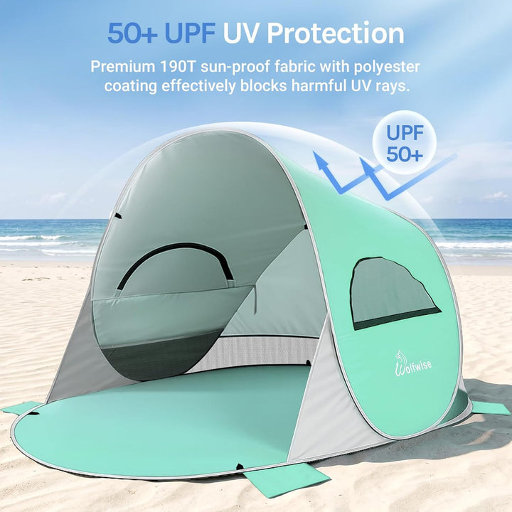 Wolfwise Pop Up Strandmuschel für 4 Personen, Sofort Aufbau, UV-Schutz 50+, Wasserabweisend, Belüfte