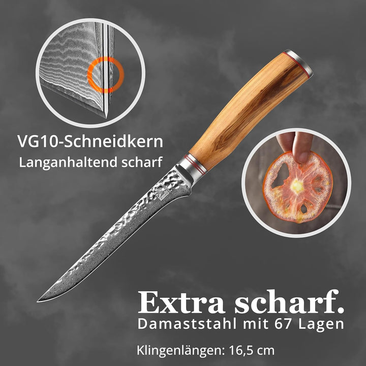 Zayiko Minami Olive Damast Filetiermesser 16,50 cm Klinge extrem scharf aus 67 Lagen I Damast Küchen