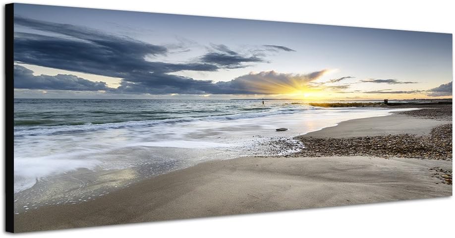 Paul Sinus Art Panoramabild auf Leinwand und Keilrahmen 150x50cm England Strand Meer Wolken Sonnenun