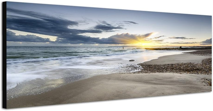 Paul Sinus Art Panoramabild auf Leinwand und Keilrahmen 150x50cm England Strand Meer Wolken Sonnenun
