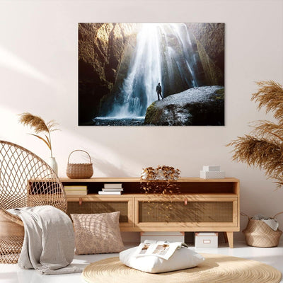 Bilder auf Leinwand 100x70cm Leinwandbild mit Rahmen Berg Wasserfall Gross Wanddeko Bild Schlafzimme