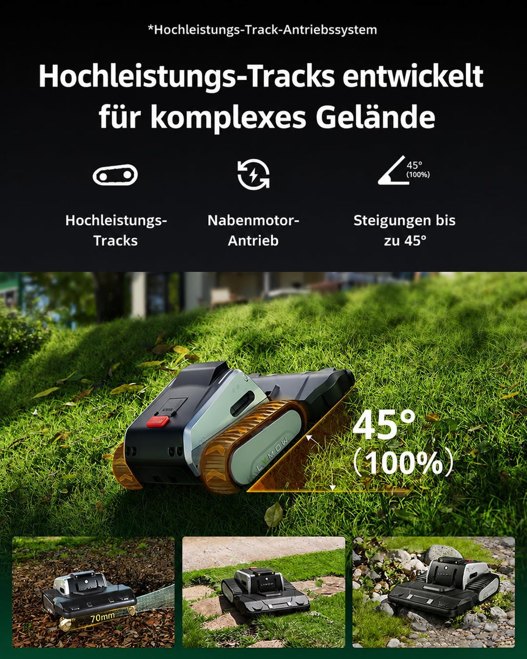 Lymow One Plus Mähroboter ohne Begrenzungskabel für 7000 m², KI-Hindernisvermeidung, 45° Steigung, S
