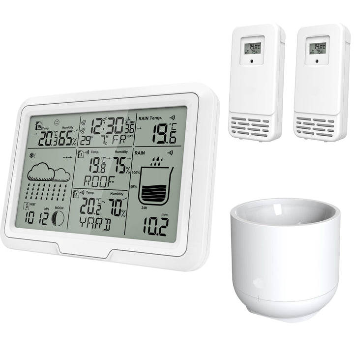 Miraval Design Funk-Wetterstation mit 2 benennbaren Sensoren + Regenmesser Mondphasenanzeige Luftfeu