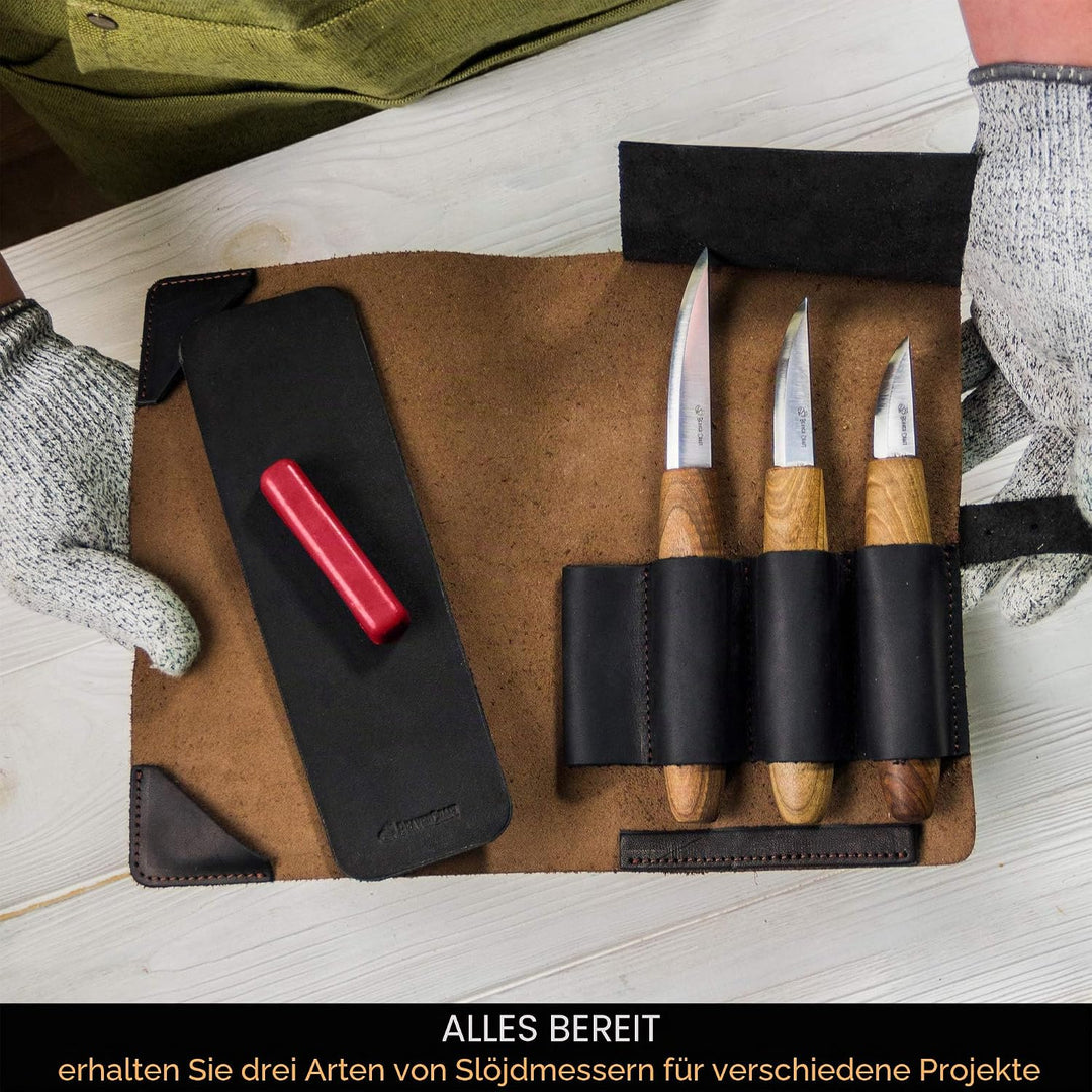BeaverCraft Deluxe Holzschnitzwerkzeug-Kit S19x - Schnitzkit Holzschnitzmesser-Set mit Lederstreifen