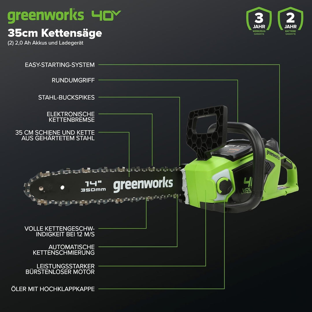 Greenworks Akku Kettensäge mit bürstenlosem Motor, 14 Zoll (35cm) Blattlänge, 12 m/s Kettengeschwind