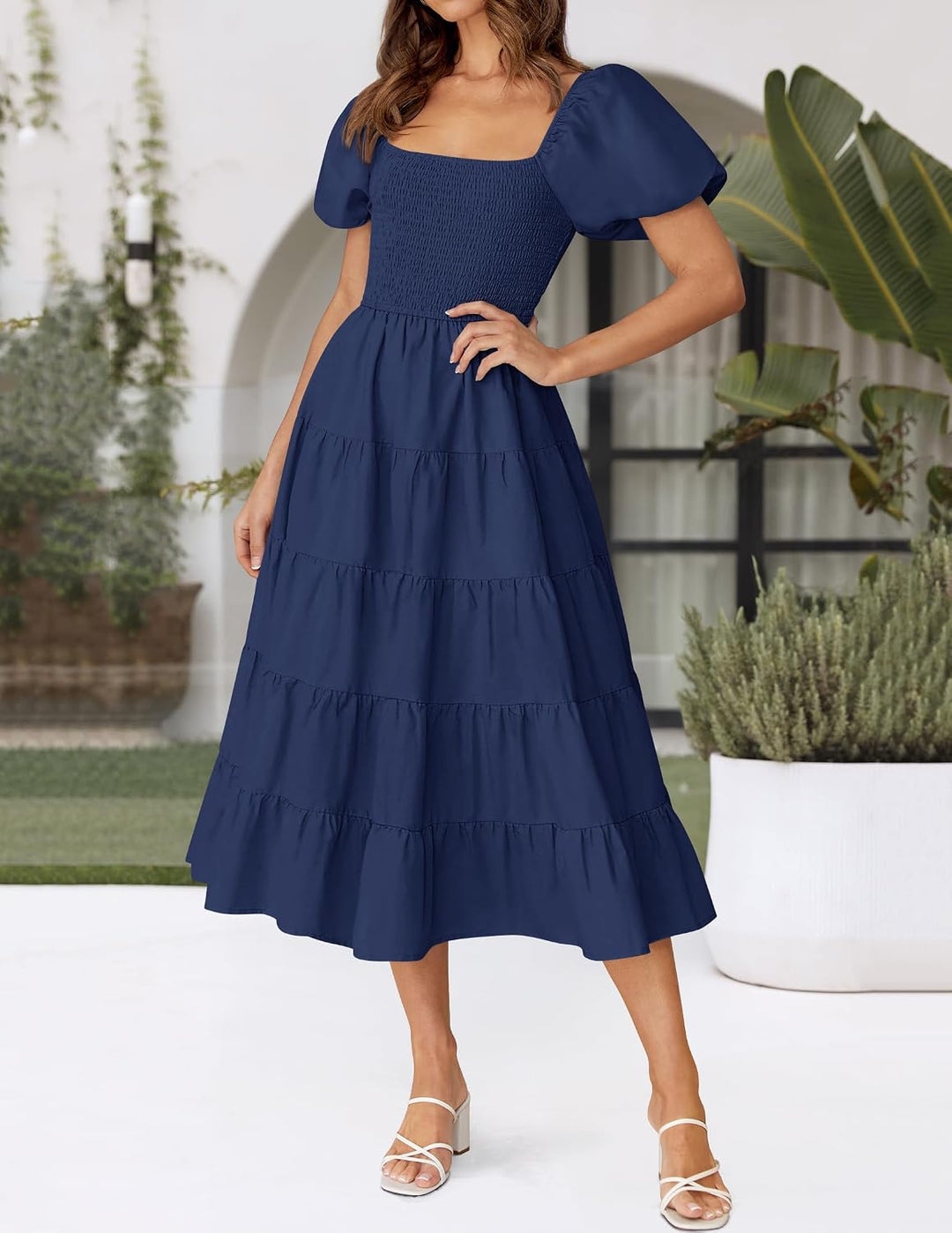 ZESICA Damen-Sommerkleid, eckiger Ausschnitt, Kurze Puffärmel, einfarbig, hohe Taille, lässig, flies