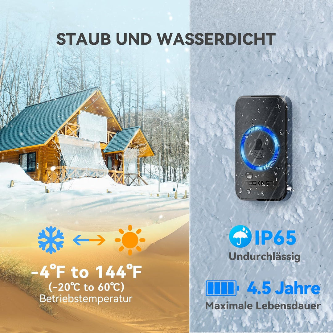 TECKNET Funkklingel, Kabellose Türklingel Funk Set 400m Reichweite, IP65 Aussen Wasserdicht Haustür