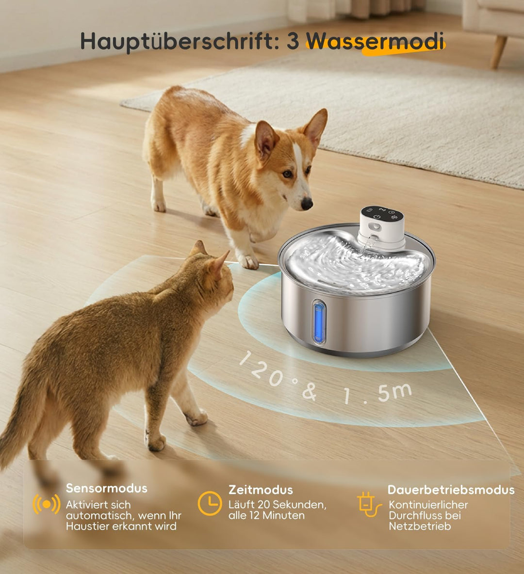 Katzenbrunnen Edelstahl Kabellos 5,5 L für Katzen (1 Filter) | 5000mAh Akku mit bewegungsmelder, lei