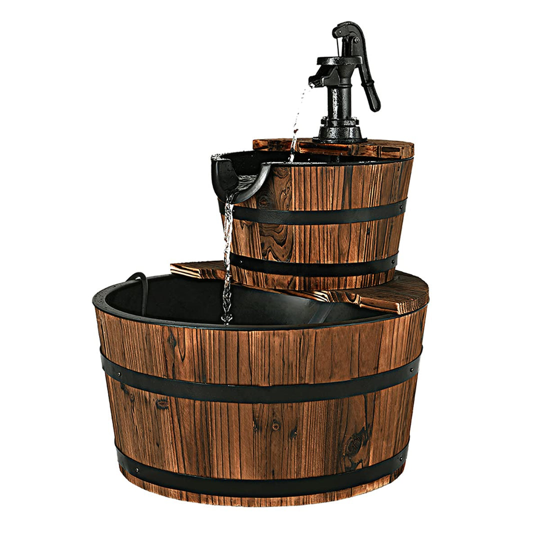 RELAX4LIFE Gartenbrunnen aus Tannenholz, Ø 44,5 cm Holzbrunnen mit Wasserpumpe, Zweistöckiger Spring