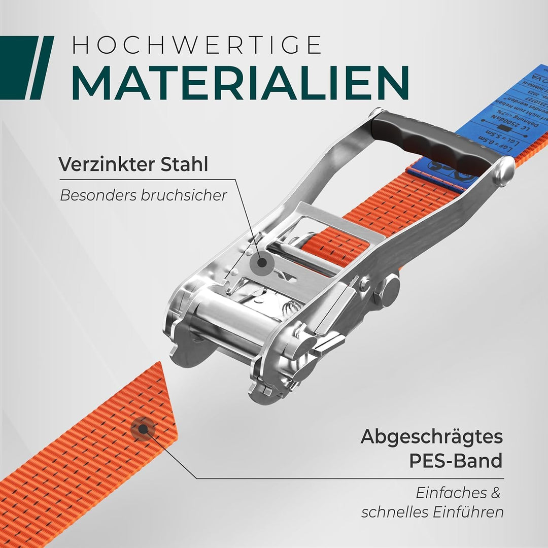 Schwerlast 5000kg Ratschengurte 6m - TÜV/GS & DIN Geprüft - Spanngurte mit Ratsche und Haken - QR La