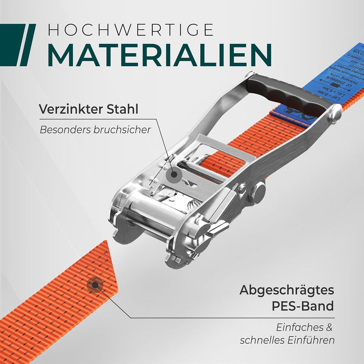 Schwerlast 5000kg Ratschengurte 6m - TÜV/GS & DIN Geprüft - Spanngurte mit Ratsche und Haken - QR La