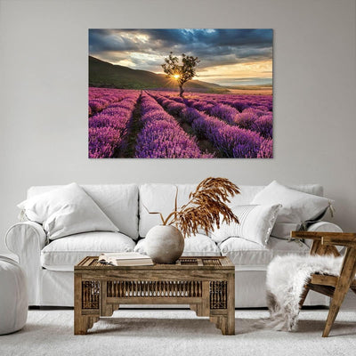 Bilder auf Leinwand 100x70cm Leinwandbild mit Rahmen Lavendel Berge Feld Gross Wanddeko Bild Schlafz