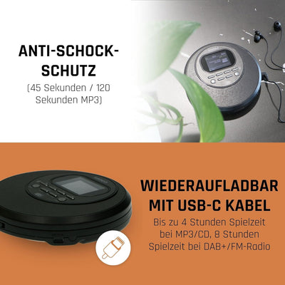 Lenco CD-500 Tragbarer CD-Player - Diskman - Bluetooth Walkman - DAB+ Radio - Anti-shock - Hörbuchfu