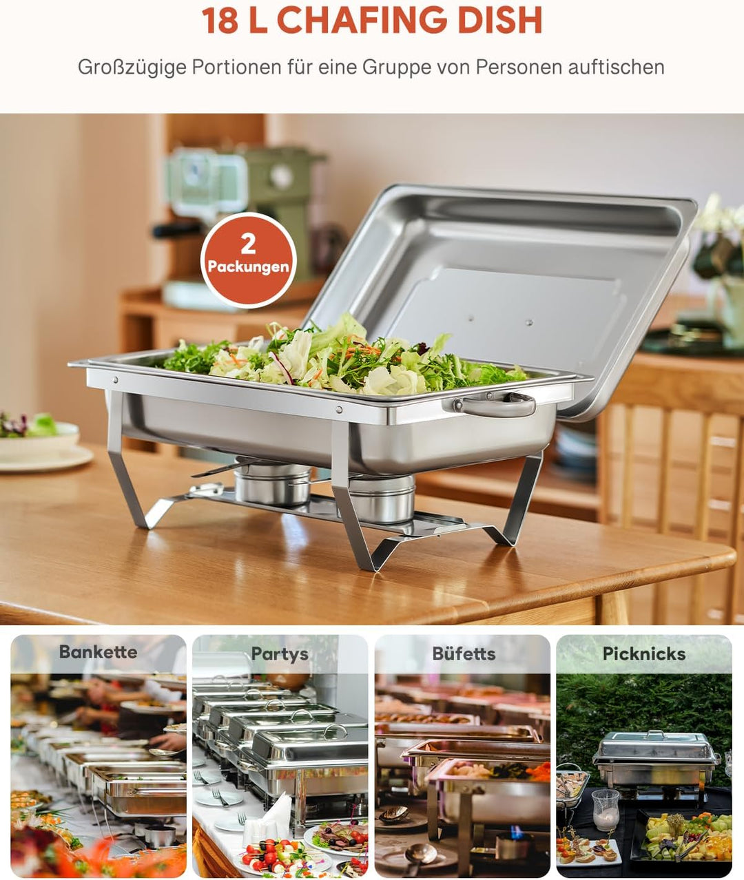 Wilprep Chafing Dish Edelstahl Buffet-Set Warmhaltebehälter Speisenwärmer Wärmebehälter Rechaud für