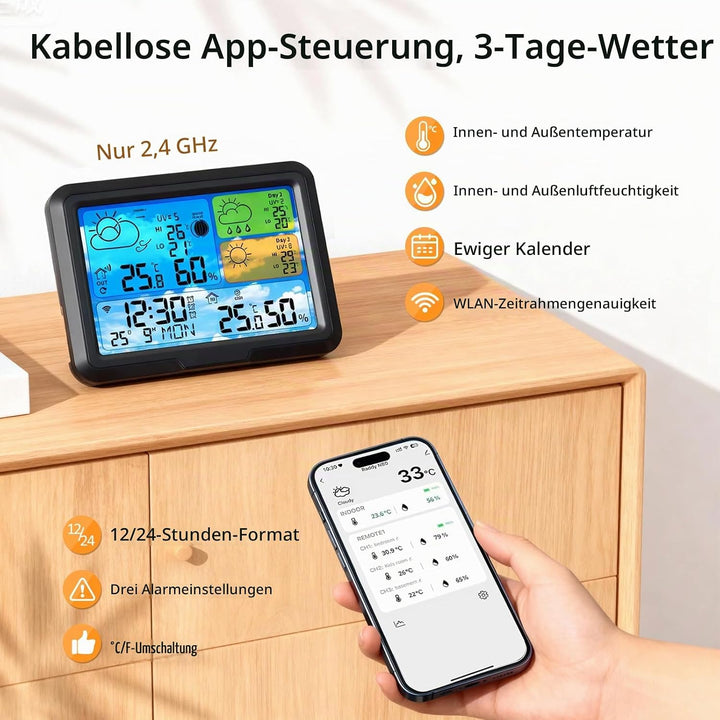 Wetterstation Wlan,Mit 3 Aussensensor,App Tuya Und Smartlife, 3 Aussensensor