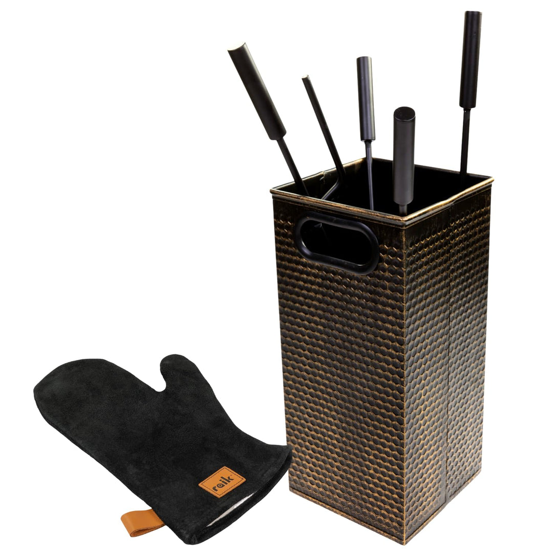 raik Kaminbesteck Set Oskar 4-teilig inkl. Rindsleder Ofenhandschuh bronze Kamingarnitur mit Stahlgr