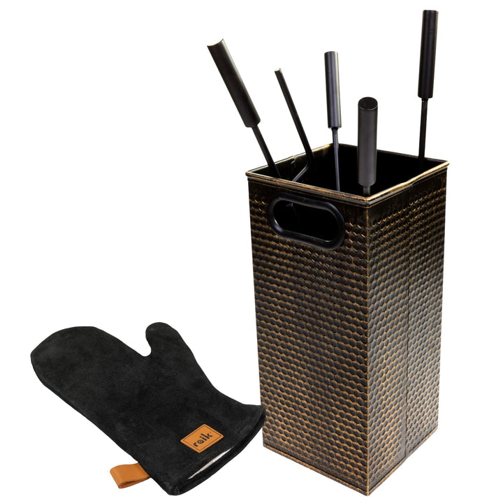 raik Kaminbesteck Set Oskar 4-teilig inkl. Rindsleder Ofenhandschuh bronze Kamingarnitur mit Stahlgr