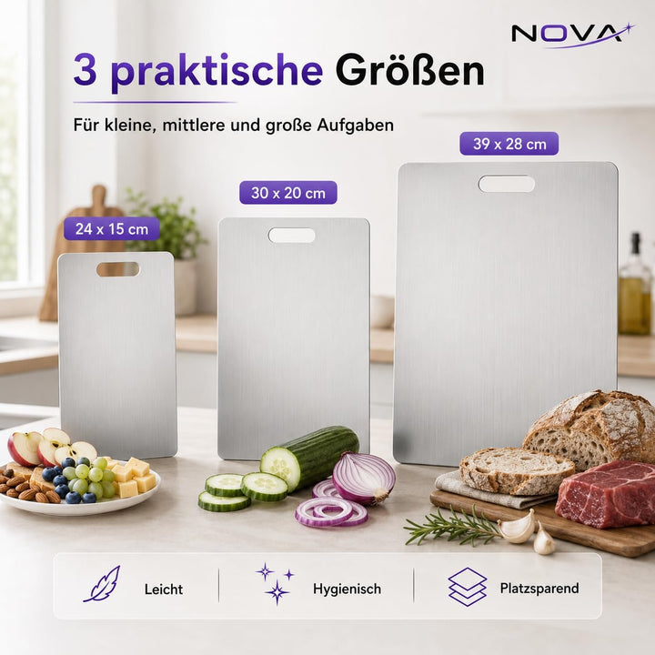 Titan Schneidebrett Set 3-teilig (S+M+L) aus 100% Titan, doppelseitig & BPA-frei – Premium Küchen Sc