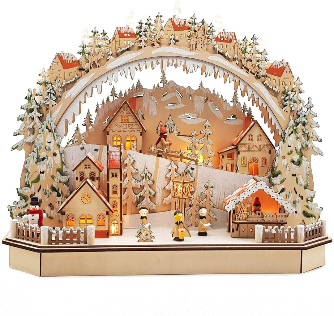 Wichtelstube-Kollektion Holzkunst LED Schwibbogen Bergdorf Erzgebirge Schwippbogen Lichterbogen Echt