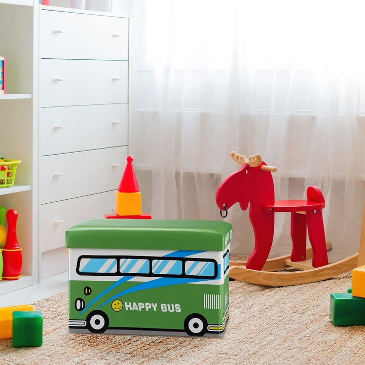 Relaxdays Faltbare Spielzeugkiste Happy Bus HBT 32 x 48 x 32 cm stabiler Kinder Sitzhocker als prakt