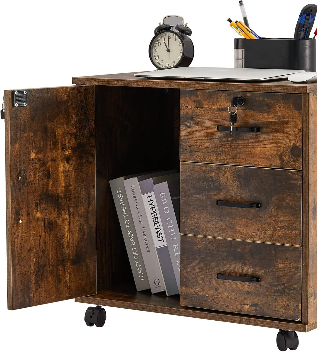 ZBAOLTO Rollcontainer Aktenschrank aus Holz, Abschliessbar Büroschrank mit 3 Schubladen und Tür, Ver