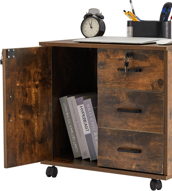 ZBAOLTO Rollcontainer Aktenschrank aus Holz, Abschliessbar Büroschrank mit 3 Schubladen und Tür, Ver