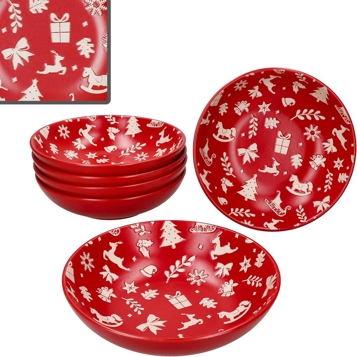 MamboCat 6er Set Advent Suppenteller I 480ml I winterliche Tiefe Teller aus Steingut in Rot mit Weih
