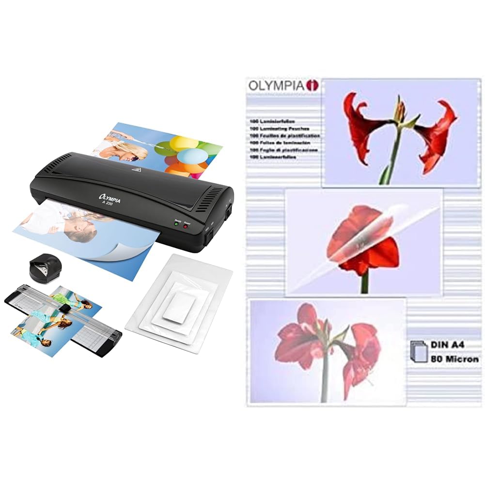Olympia 4 in 1 Set A 230 Laminierset für A4, schwarz + Laminierfolie 100 X DIN A4 80 Mikron Laminier