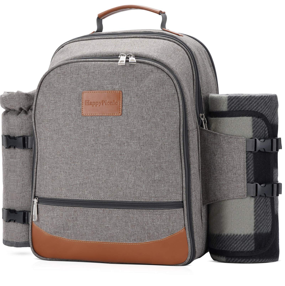 HappyPicnic Isolierter Picknickrucksack für 4 Personen mit komplettem Geschirr, geräumigem Kühlfach,