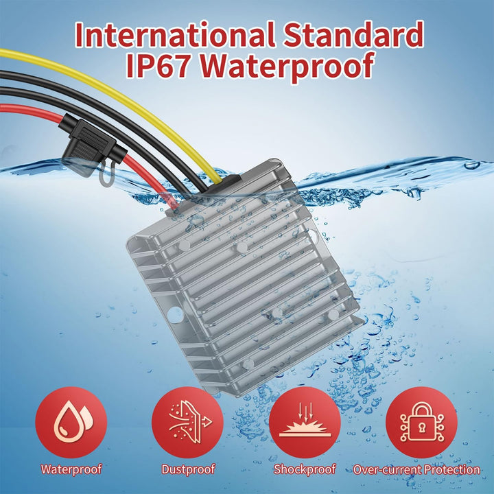 Spannungswandler 24V auf 12V, Step Down 24V 12V 15A 180W mit Sicherung Wasserdicht und Schnellverbin
