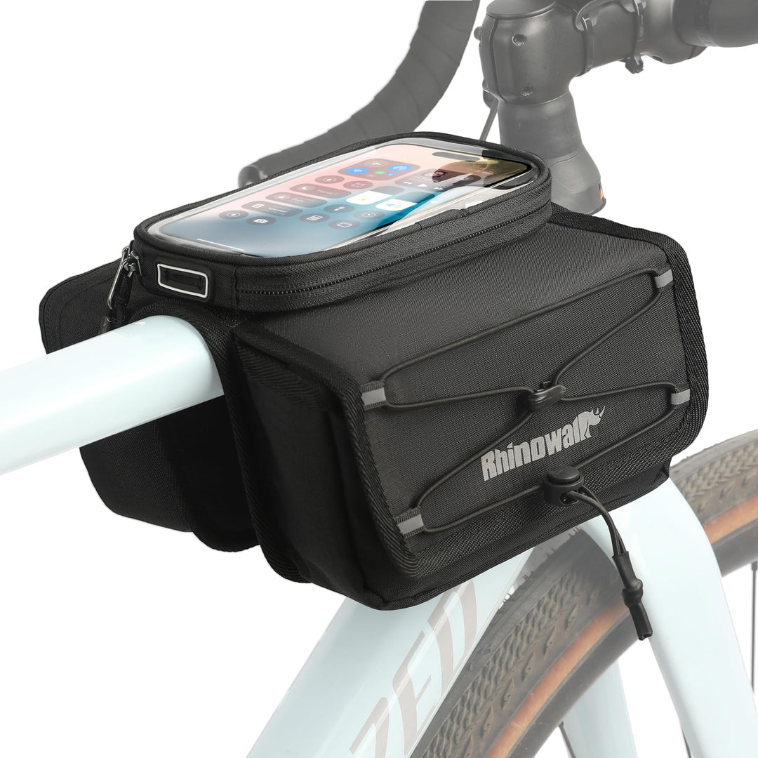 Rhinowalk Fahrrad Rahmentasche mit Handyhalter – wasserdichte Oberrohrtasche mit Regenschutz, Doppel