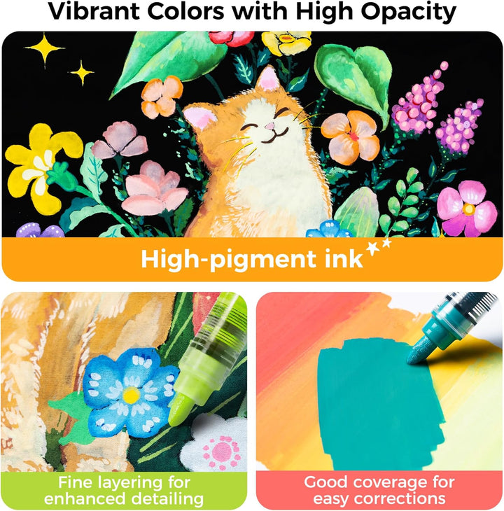 Ohuhu Acrylstifte mit Rundspitze 48 Farben – Auto-Tintenregulierung, Hochdeckende Acrylic Markers, W