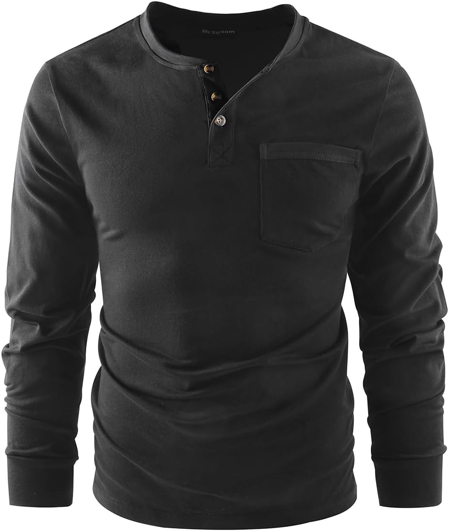Mr.Stream Herren Henley Shirt Longsleeve Langarmshirt Männer DREI Taste Knopfleiste Baumwolle Beiläu