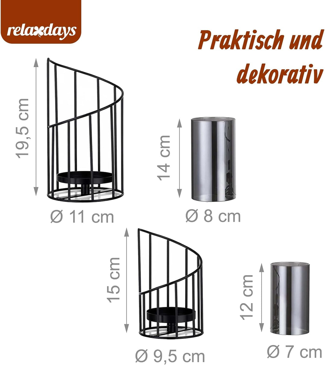 Relaxdays Windlicht 2er Set, transparent/schwarz | Glaszylinder mit Metallgestell, 2 Grössen, für St