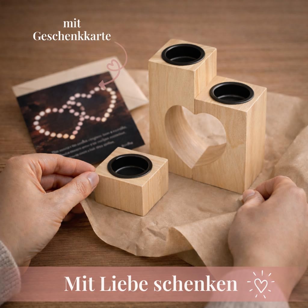 Plogis Herz Teelichthalter aus Holz -Set aus 3 Dekorativen Kerzenständern | Herz Deko & Romantische