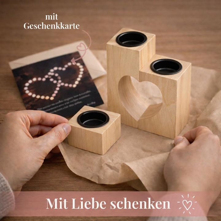 Plogis Herz Teelichthalter aus Holz -Set aus 3 Dekorativen Kerzenständern | Herz Deko & Romantische