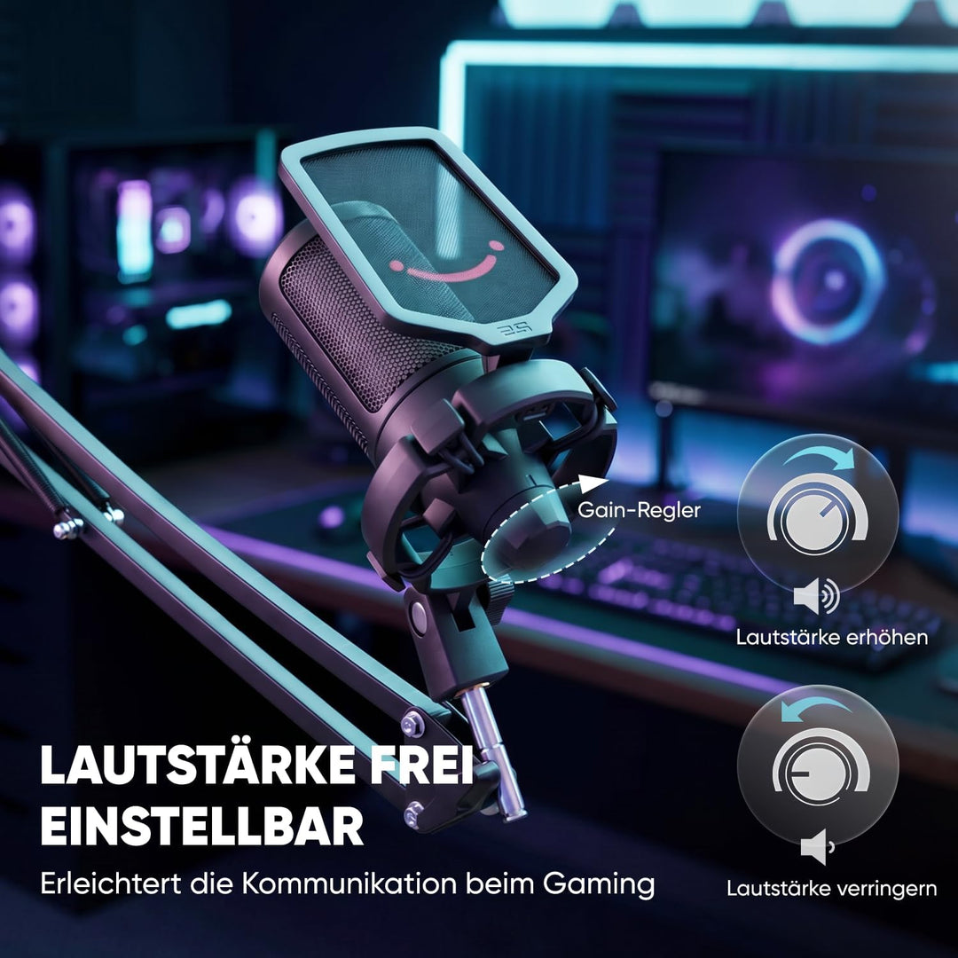 FIFINE Gaming Mikrofon PC mit Arm, Typ A/C USB Microphone Kit mit Stummschalttaste für Podcast Strea